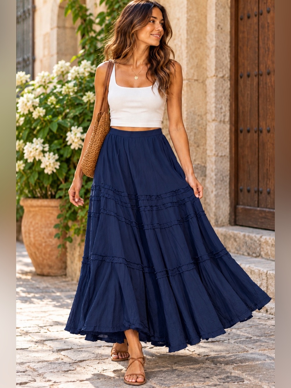 Lauren Ralph Lauren 14W Navy Cotton Tiered Ruffle Boho Peasant Maxi Skirt